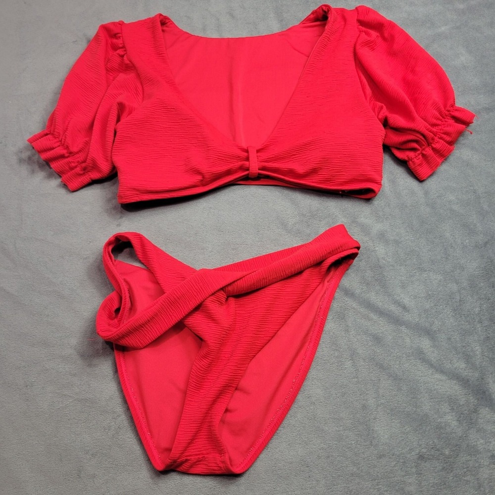 BCBGMaxAzria Womens Red Bikini Set Textured Short Sleeve Top Rockabilly Fancy